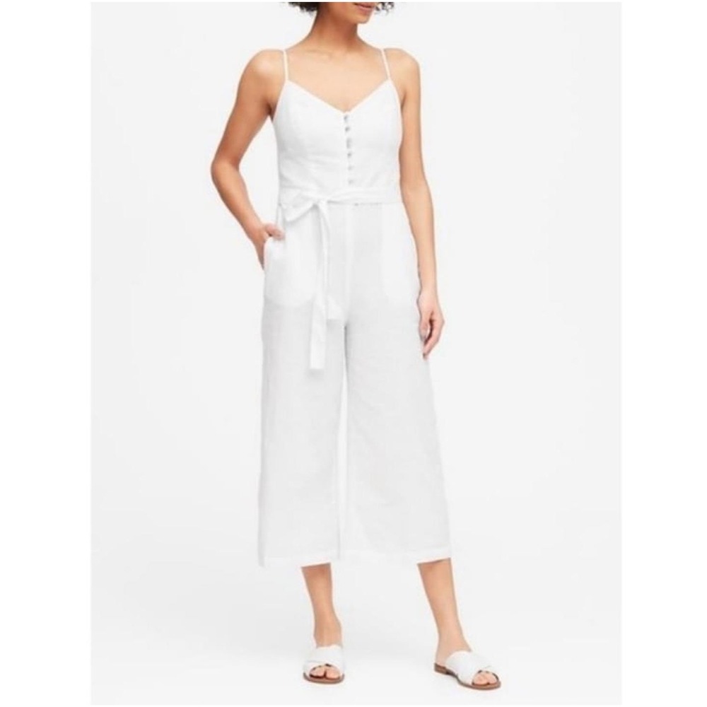 Banana Republic Jumpsuit Women 6 White Linen Cotton Wide Leg Belted Minimalist